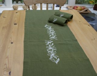 Hemp Runner Deep Sage Green - Vine Embroidery 40cm x 180cm